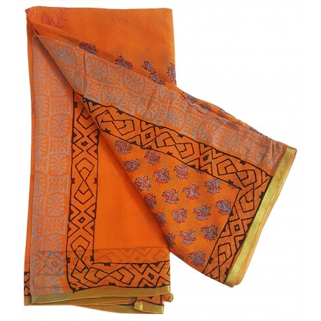 Mehrunnisa BAGRU Chiffon Saree With Blouse Piece From Jaipur (GAR2646, Orange)