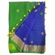 Mehrunnisa Handloom Linen Butta SAREE With Zari Border From West Bengal (GAR2722, (Navy Blue & Green)