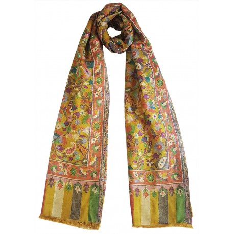 Mehrunnisa Ethnic Kani Silk Wool Stole/Large Scarf Wrap From Kashmir (GAR2497, Golden)