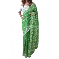 Mehrunnisa Dhakai Jamdani Cotton Silk SAREE With Zari From West Bengal (GAR2772, Green)