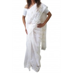 Mehrunnisa Dhakai Jamdani Cotton Silk SAREE With Zari From West Bengal (GAR2774, White)