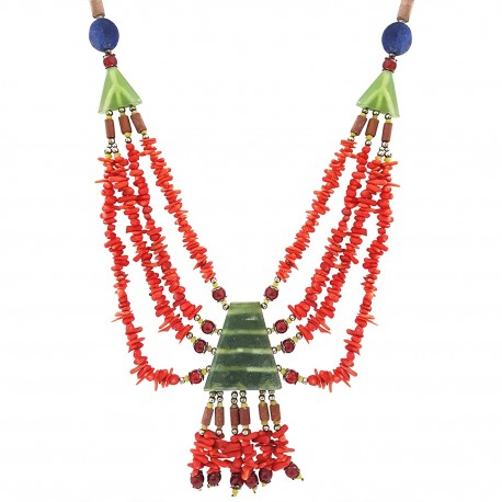 Afghani Simulated Green Jade & Red Coral Pendant Necklace (JWL1913)
