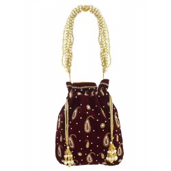 Mehrunnisa Maroon Hand Embroidered Zari & Pearl Velvet Potli Bag (BAG2690)