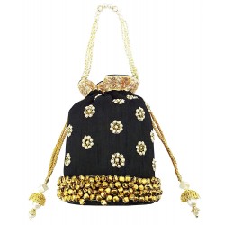 Mehrunnisa Black Floral Pearl Embroidered Ghungroo Potli Bag (BAG1663)