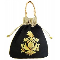 Mehrunnisa Big Floral Embroidered Potli Bag (Black, BAG1667)