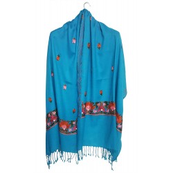Mehrunnisa Crewel Embroidery Woollen Stole / Large Scarf From Kashmir (Turquoise, GAR2531)