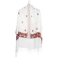 Mehrunnisa Crewel Embroidery Woollen Stole / Large Scarf From Kashmir (White, GAR2530)