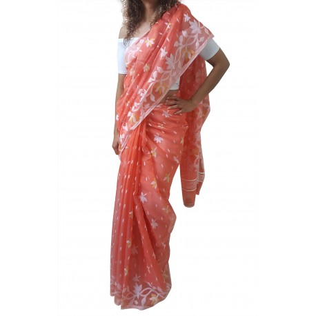 Mehrunnisa Dhakai Jamdani Cotton Silk SAREE With Zari From West Bengal (GAR2775, Orange)