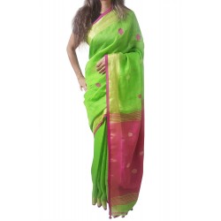 Mehrunnisa Handloom Linen Butta SAREE With Zari Border From West Bengal (GAR2716, Green & Magenta)