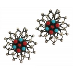 Kashmiri Sterling Silver Oxidized Flower Earrings With Coral And Turquoise