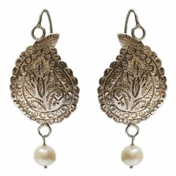 Kashmiri Sterling Silver Oxidised Paisley Earrings With Natural Pearl
