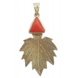 Kashmiri Sterling Silver Chinar With Coral Stone Pendant