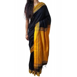 Handloom High Quality BAHA SAREES With Blouse Piece From Kolkata (Black & Mustard)